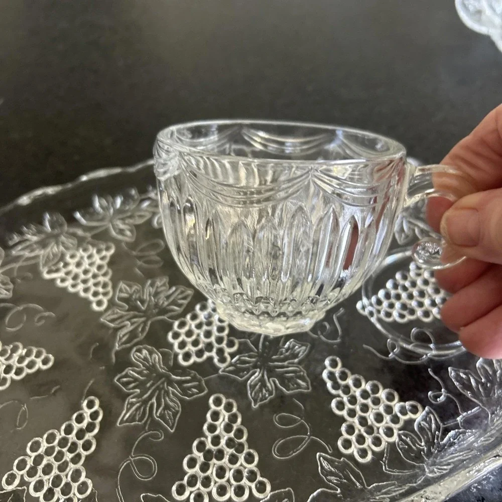 4 Pressed Glass Snack Trays Grape Pattern with Handles with 4 mixed cups